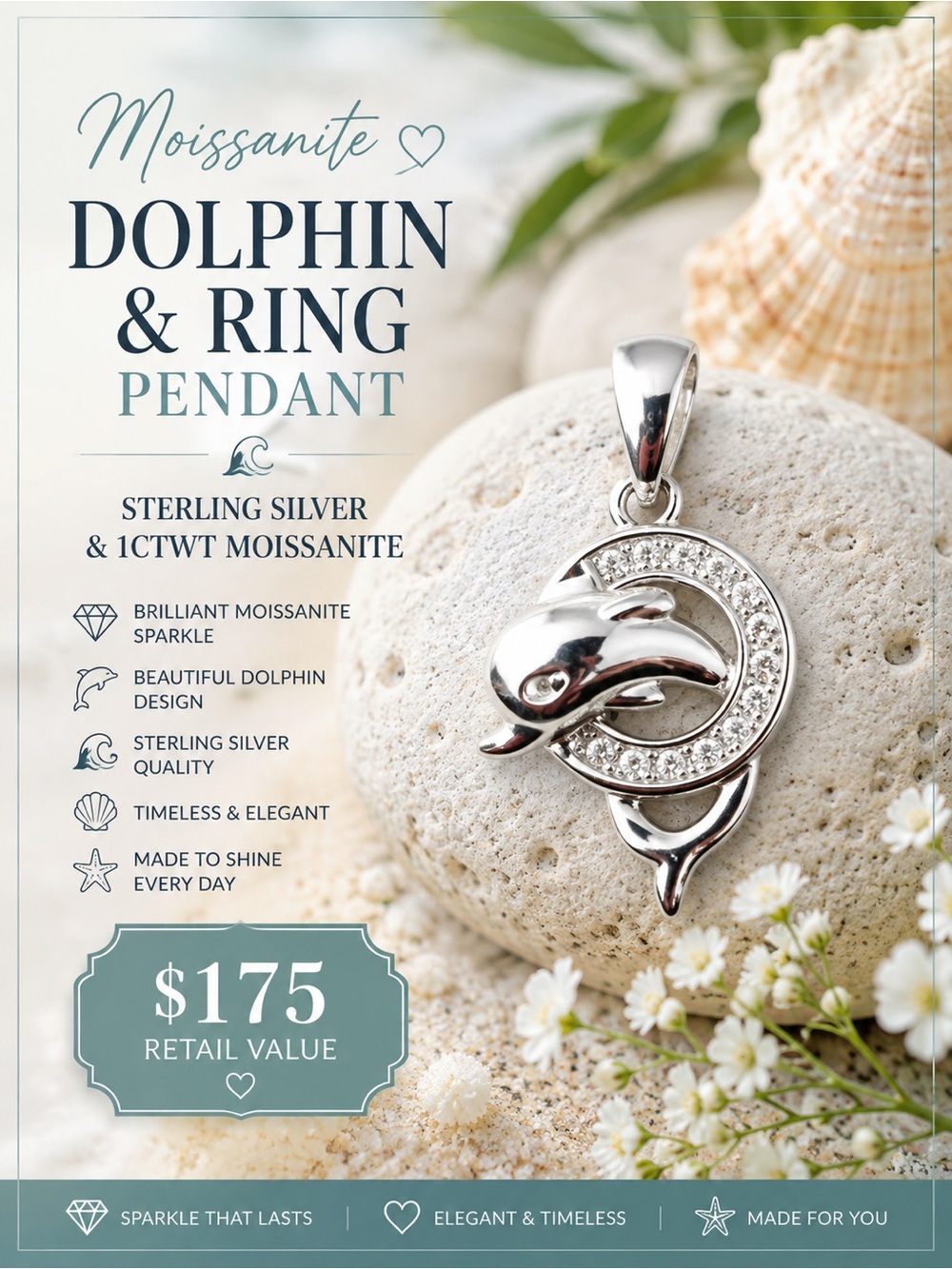 Dolphin & Ring Pendant -  Sterling & 1ctwt Moissanite $175 retail